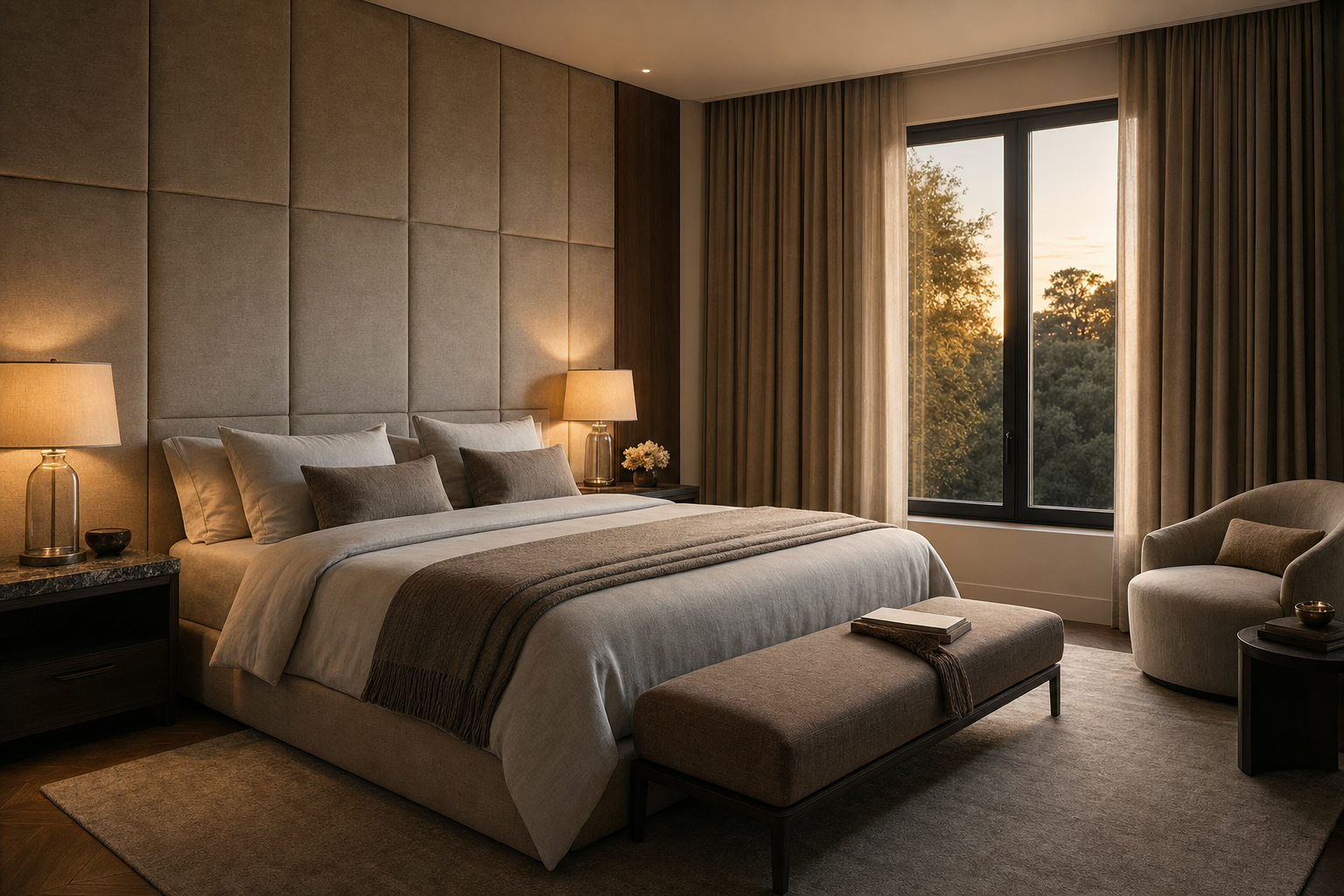 A calm luxury bedroom with a thick upholstered headboard wall, heavy natural drapery and double glazed windows at soft evening light