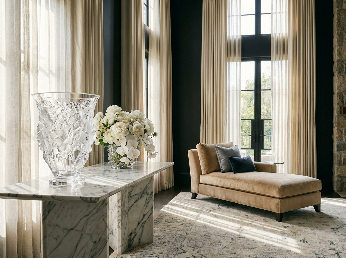 Ultra-luxury interior with prominent Lalique crystal vase — four elements longevity home design by Beverly Hills Luxury Interiors