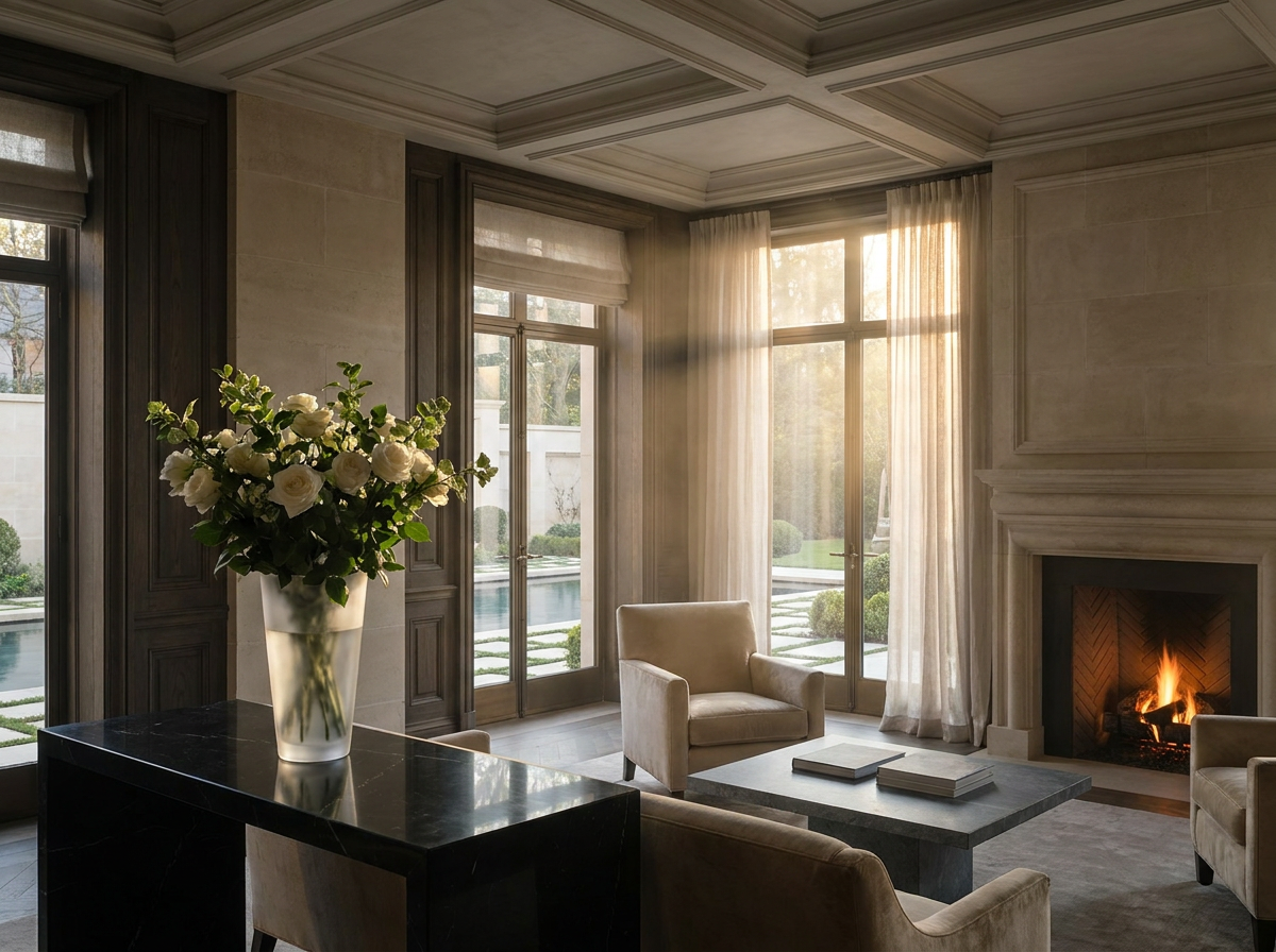 Ultra-luxury European atelier grand salon with prominent Lalique crystal vase, natural limestone walls, stone fireplace, reflecting pool garden — Four Elements longevity design by Beverly Hills Luxury Interiors
