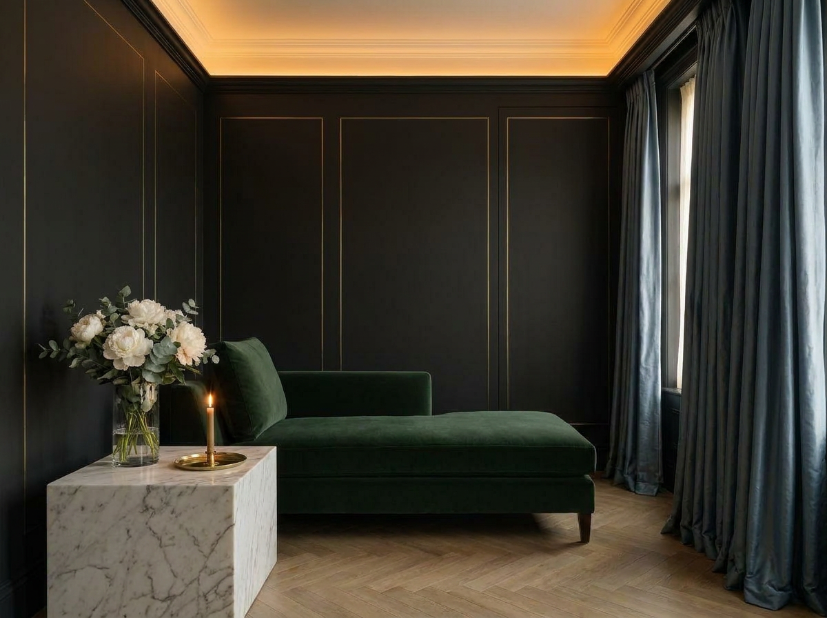 Ultra-luxury private wellness suite — near-black panelled walls, Calacatta marble side table, white peonies in a simple glass vase, deep forest green velvet chaise longue, slate blue silk drapes, warm amber lighting — Pharisas blood filtration longevity design by Beverly Hills Luxury Interiors