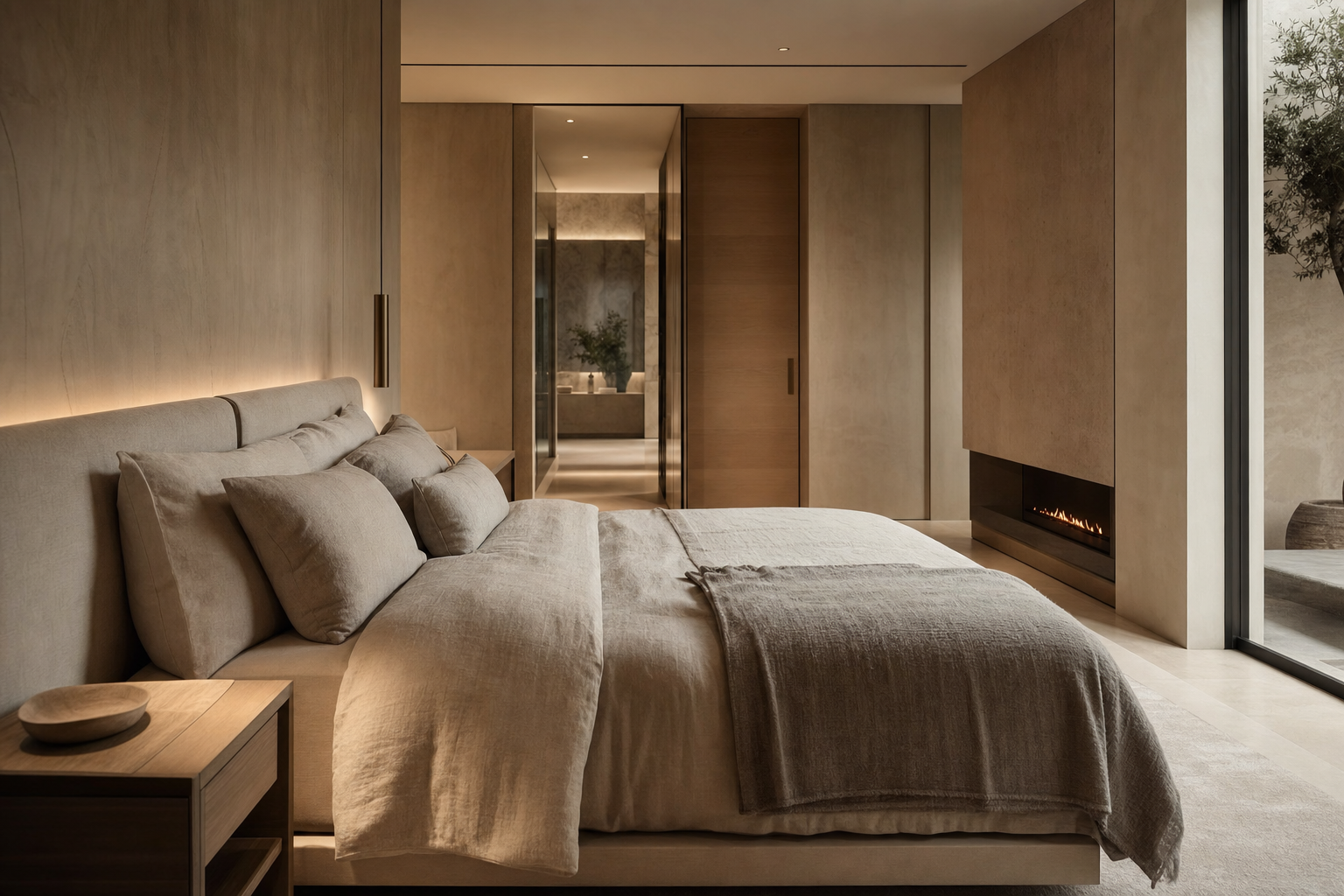 A serene luxury primary bedroom designed for electromagnetic quiet, with no visible cables or electronics and calm neutral natural materials