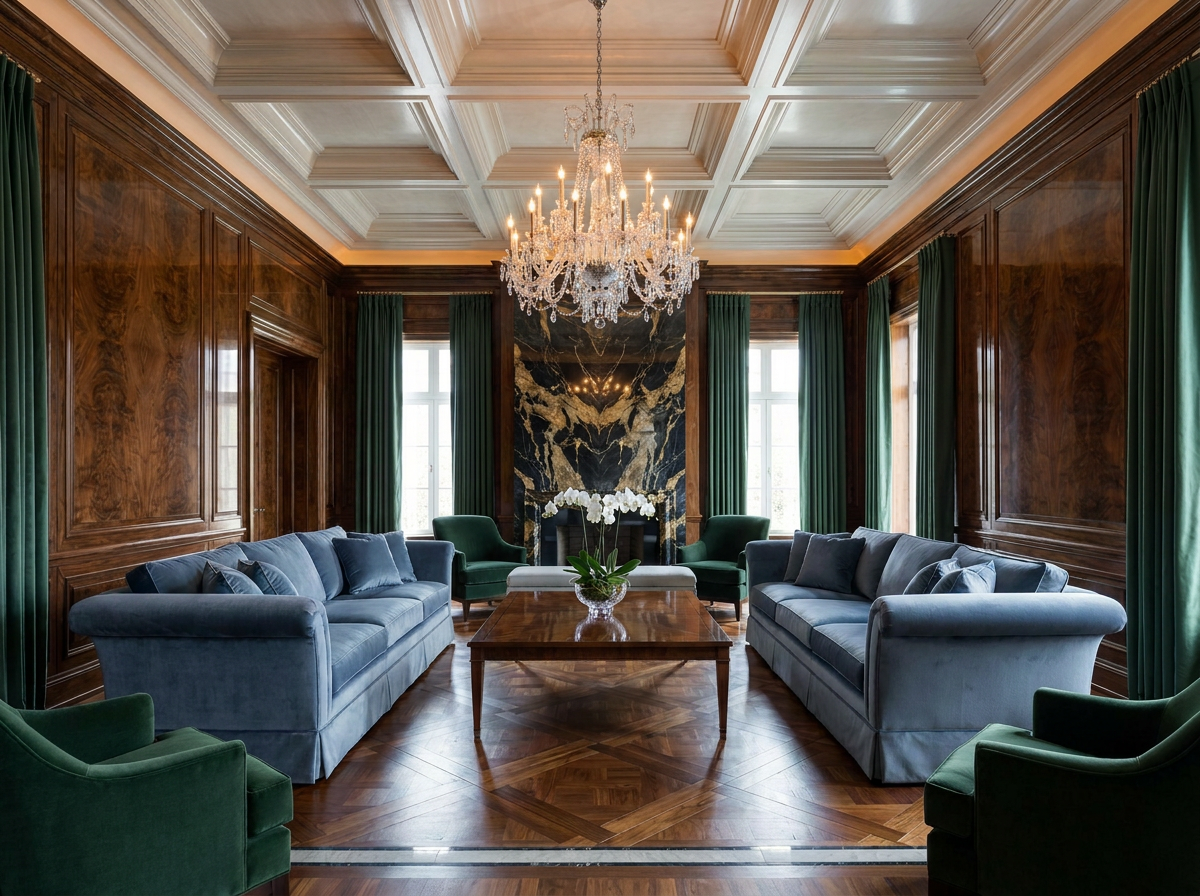 Ultra-luxury grand salon with burr walnut lacquered panelling, circadian amber lighting, rock-crystal chandelier and forest green silk velvet — Beverly Hills Luxury Interiors biohacking home design