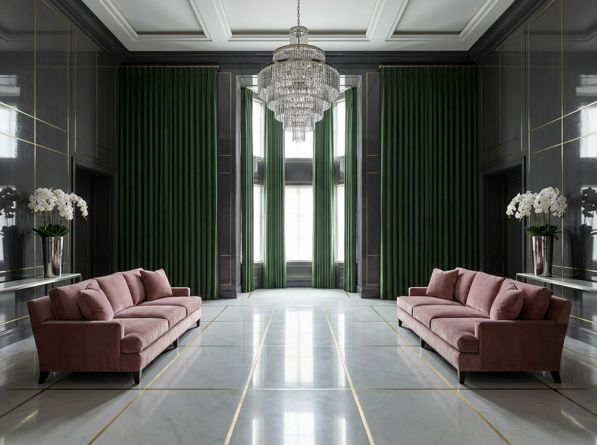 Grand double-height drawing room with deep forest green silk velvet drapery, high-gloss charcoal lacquered panelling, rock-crystal chandelier, and mirror-polished stone floor with brass inlay — Beverly Hills Luxury Interiors Quiet Luxury international standard