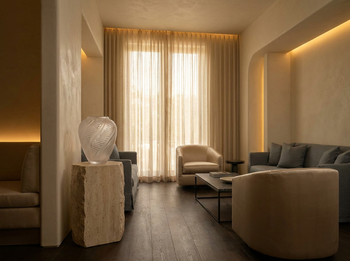 Luxury wellness sanctuary with Lalique crystal vase — Pharisas longevity design by Beverly Hills Luxury Interiors