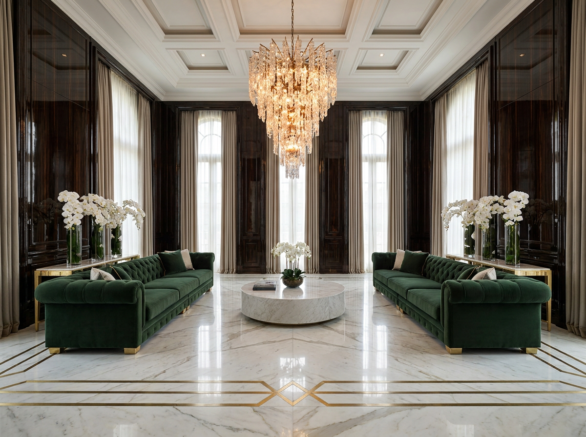 Grand double-height salon with macassar ebony lacquered panelling, deep forest green silk velvet seating, rock-crystal chandelier and mirror-polished marble floor — Beverly Hills Luxury Interiors quiet luxury interior design