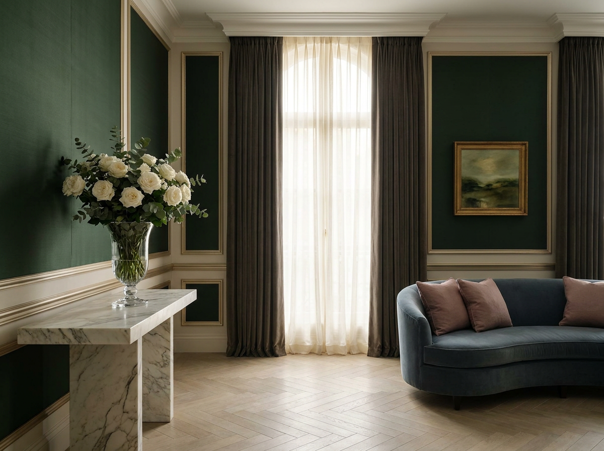 Ultra-luxury salon interior — forest green silk-panelled walls, Calacatta marble console, crystal glass vase with white garden roses, slate blue velvet sofa with dusty rose cushions, limestone herringbone floor — Quiet Luxury design by Beverly Hills Luxury Interiors