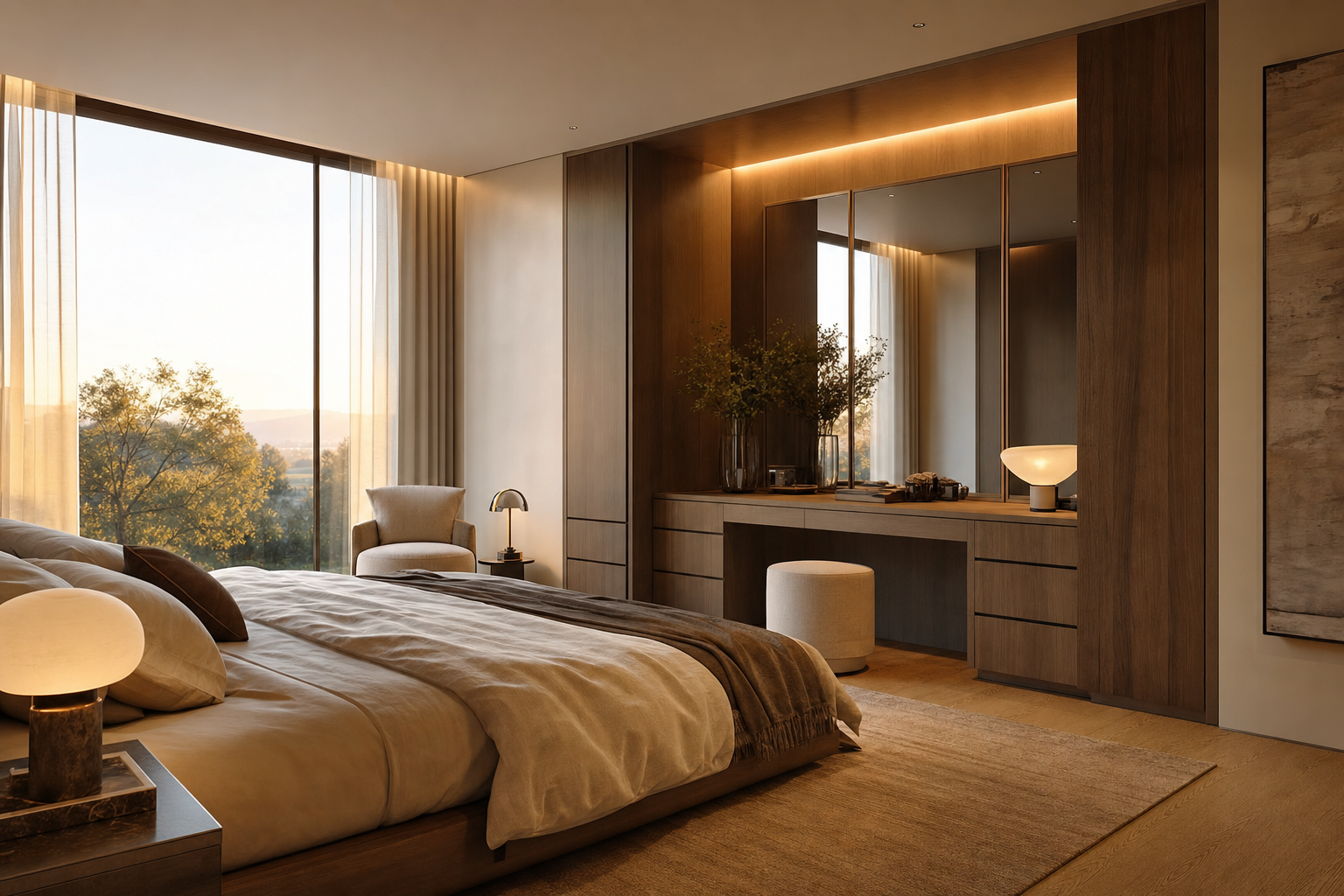 A luxury bedroom dressing area at dawn with warm tunable architectural lighting glowing softly above the mirror, natural daylight entering through tall windows