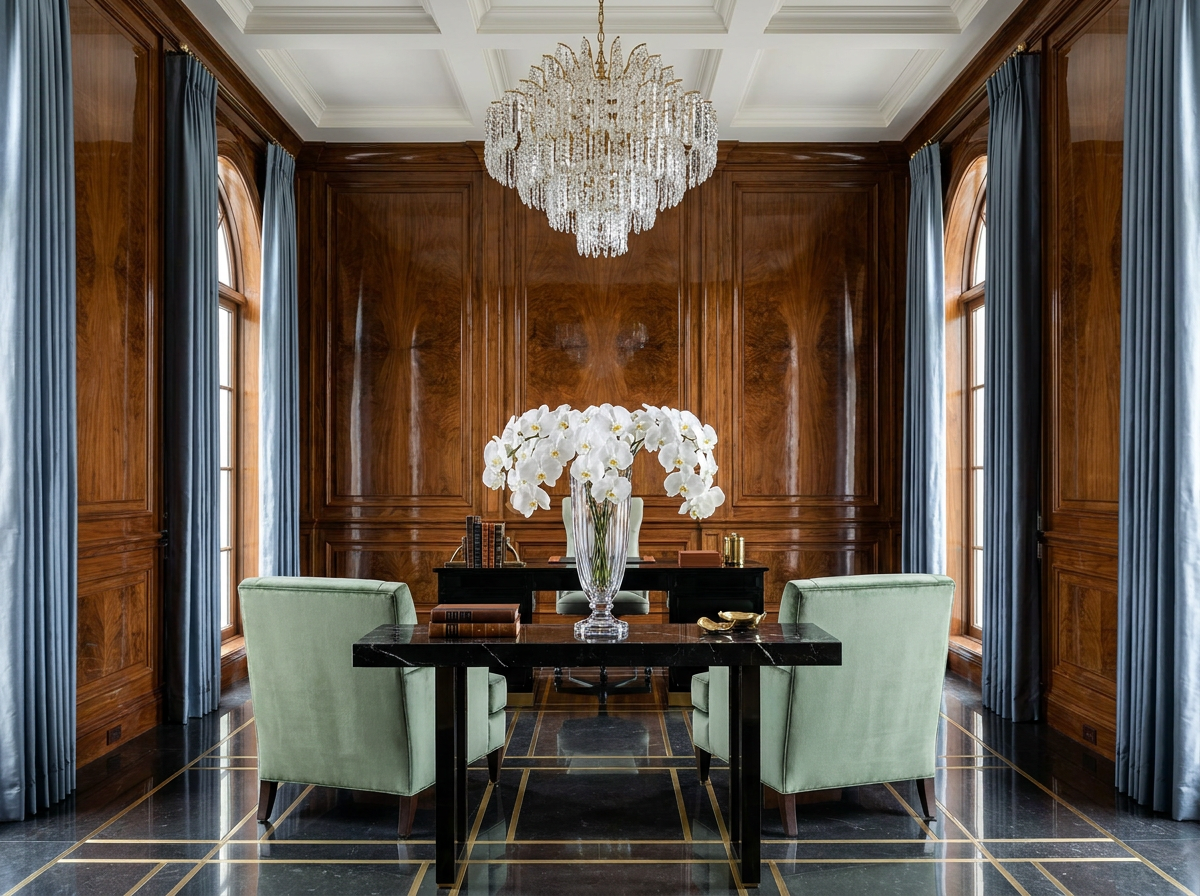 Ultra luxury study with book matched burr walnut panelling, crystal vessel with white orchids and sage green silk velvet armchairs, illustrating material purity and microplastic elimination by Beverly Hills Luxury Interiors
