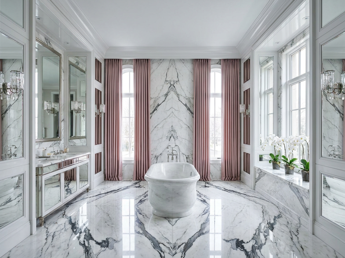 Palatial master bathroom with book-matched Calacatta marble, high-gloss lacquered panelling, polished-metal fixtures, dusty rose silk drapery and pristine white orchids — Beverly Hills Luxury Interiors microplastics wellness design