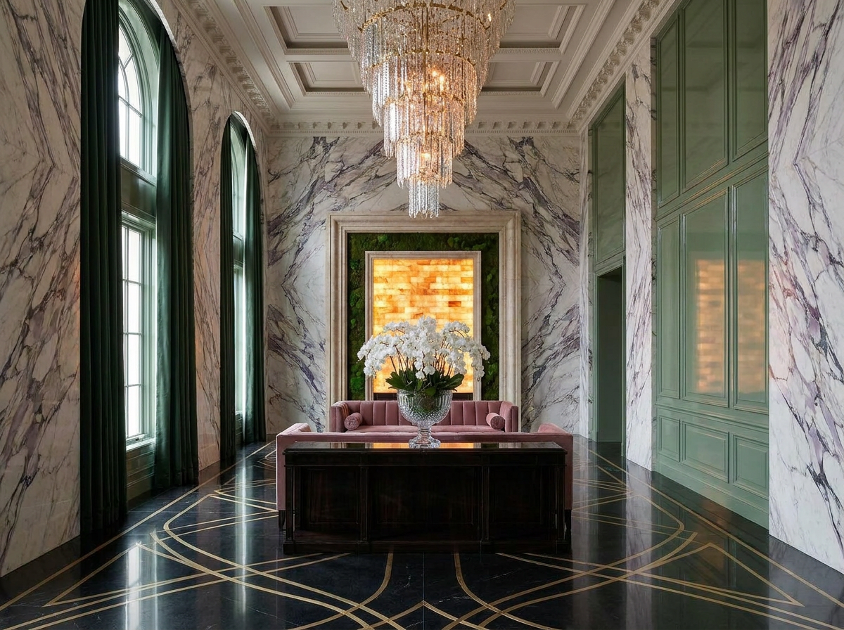Palatial grand salon with sage green lacquered panelling, book-matched marble, rock-crystal chandelier, dusty rose silk velvet settee and Himalayan salt wall — Beverly Hills Luxury Interiors Five Senses design