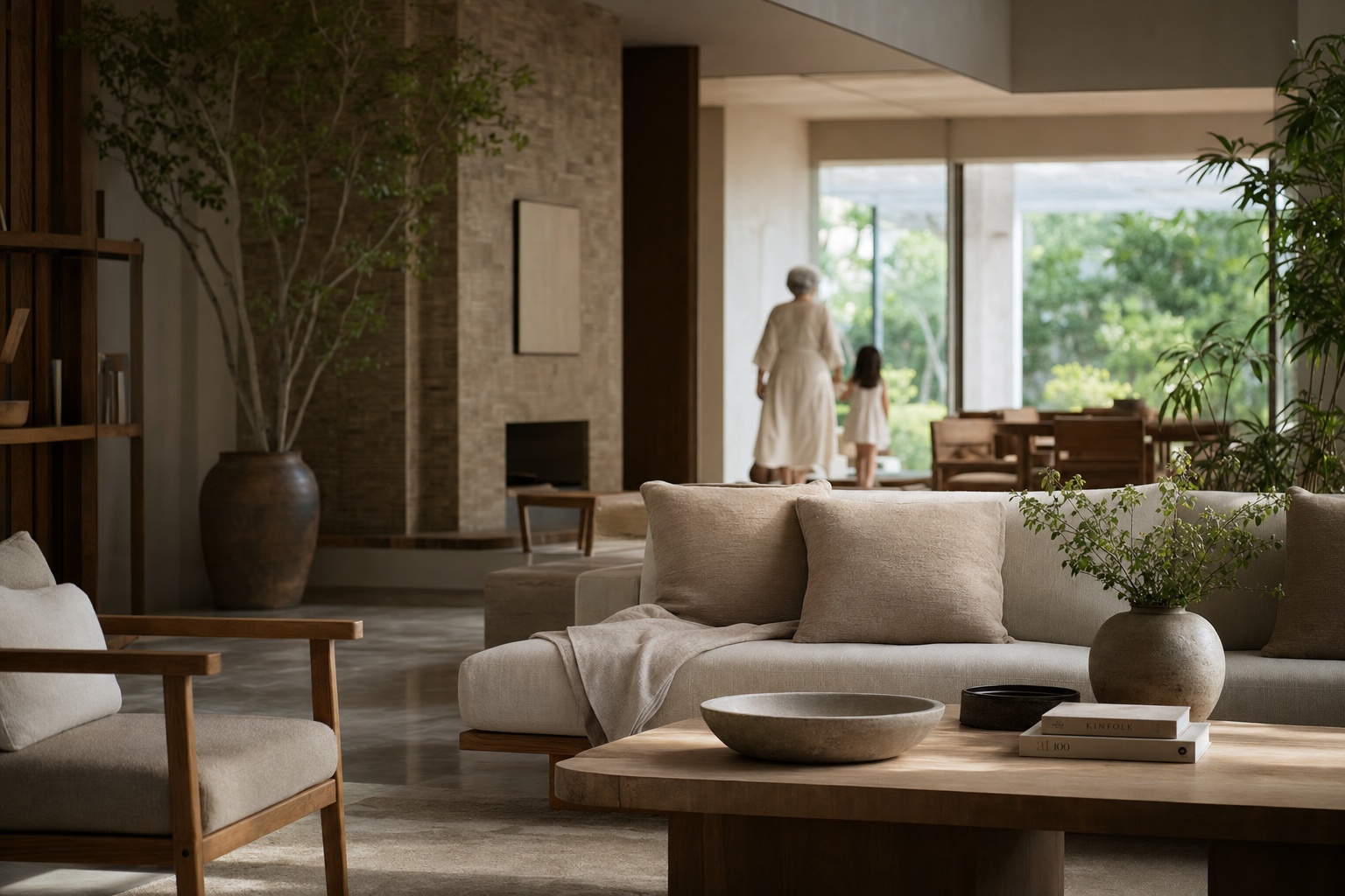 A serene multi-generational family living room designed for longevity, with warm natural materials and soft daylight