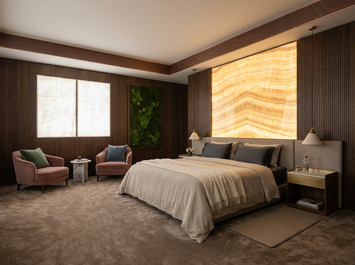 ÖND grand fortified master bedroom suite with backlit onyx headboard, circadian dawn lighting, and Faraday cage EMF shielding