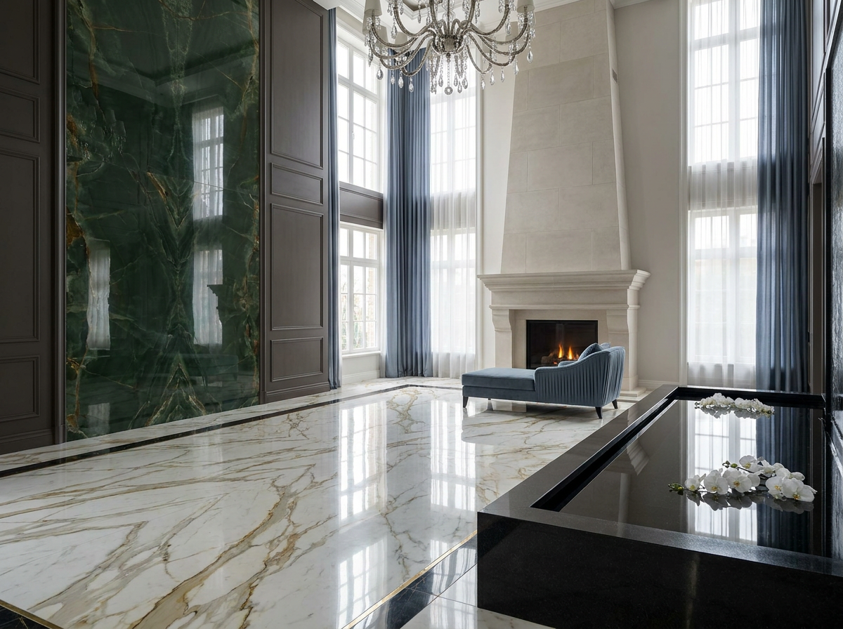 Four Elements ultra-luxury grand salon — book-matched Calacatta marble floor, deep forest green onyx wall, architectural water feature, limestone fireplace, silk drapery — Beverly Hills Luxury Interiors