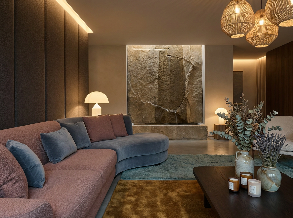 ÖND five-senses sensory room with tactile textiles, natural stone water feature and layered circadian lighting