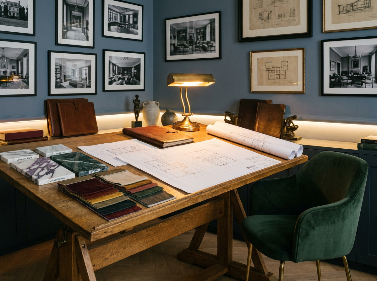 ÖND luxury design atelier with architectural drawings and natural material samples from 25 years of wellness design