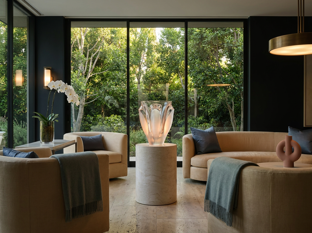 Ultra-luxury interior with prominent Lalique crystal vase — quiet luxury longevity home design by Beverly Hills Luxury Interiors