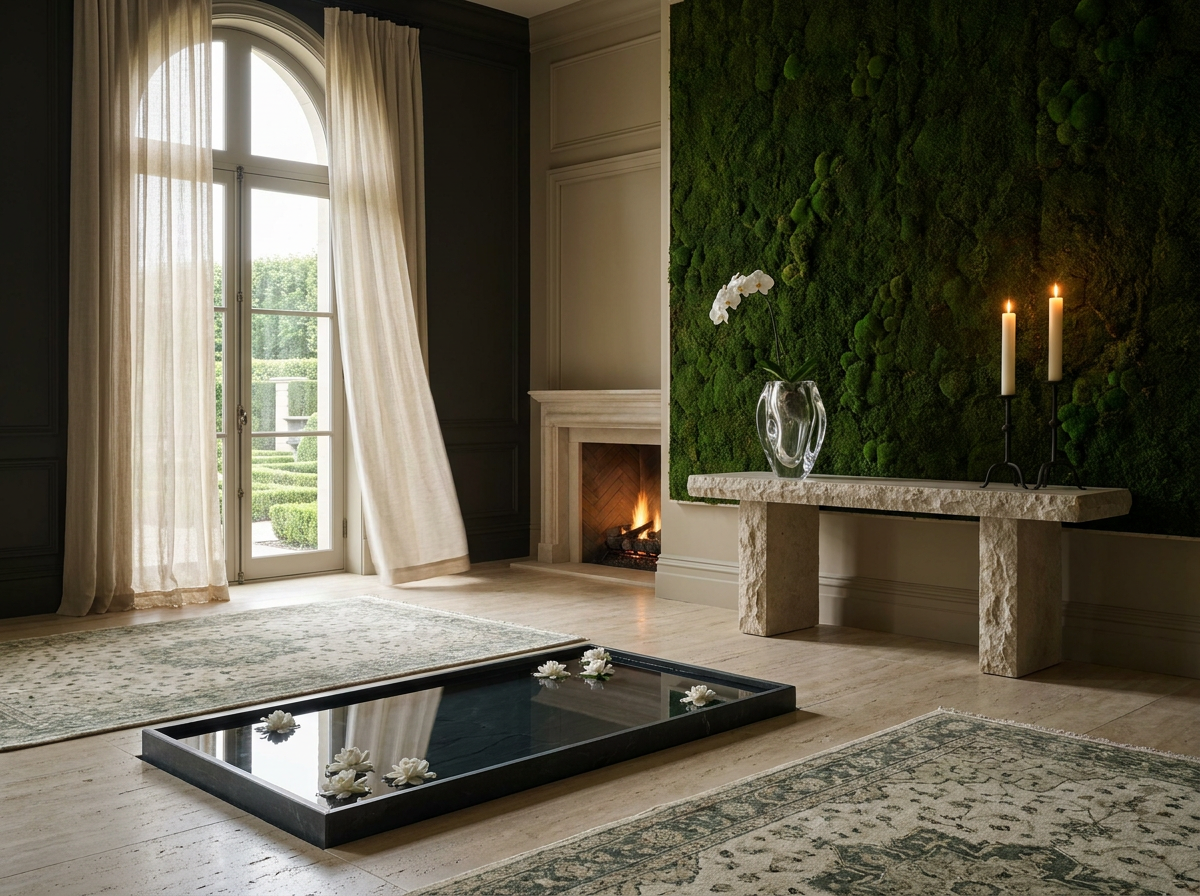 Ultra-luxury interior embodying the Four Elements — travertine floor, still water basin with floating gardenias, tall church candles and glowing fireplace, crystal vase with white orchid on stone console, sheer champagne linen drapery at arched window, living moss wall — Four Elements Longevity Home design by Beverly Hills Luxury Interiors