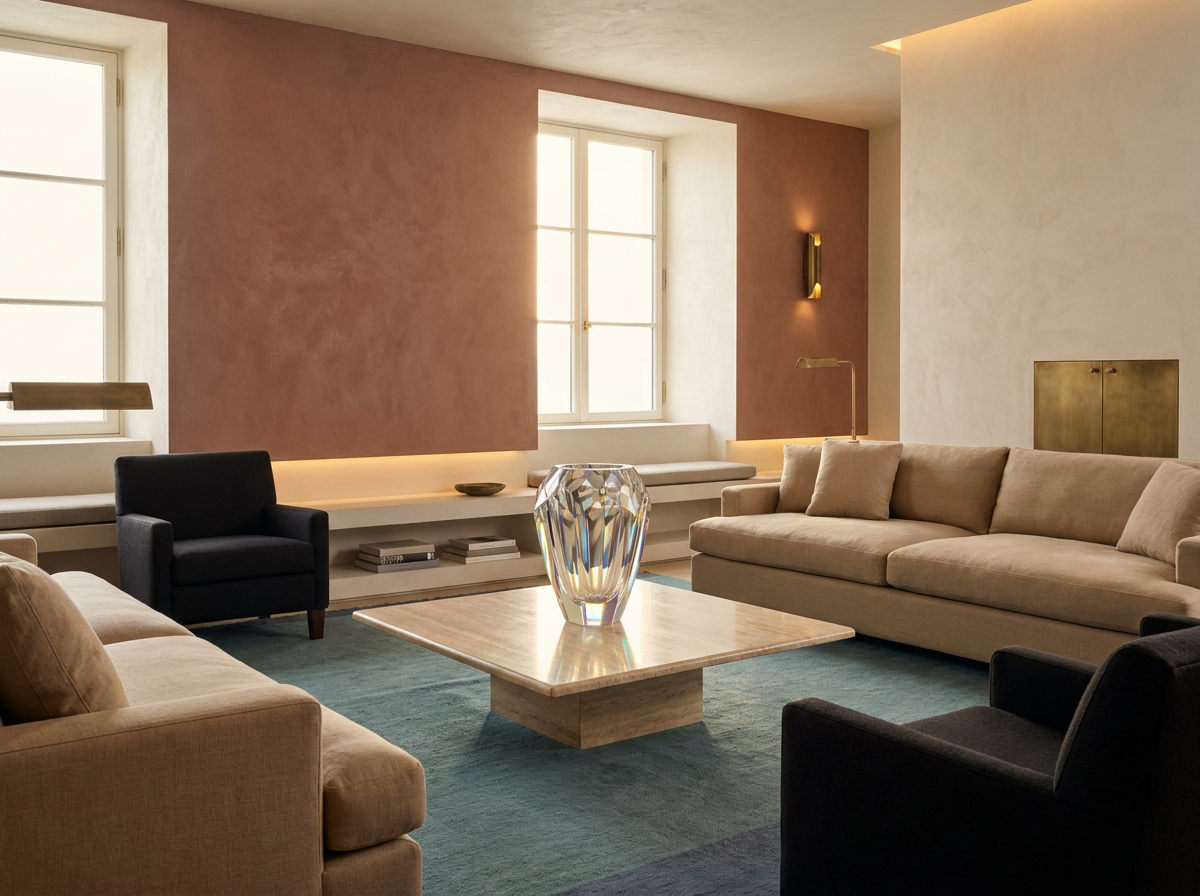 Ultra-luxury interior with prominent Lalique crystal vase — biohacking longevity home design by Beverly Hills Luxury Interiors