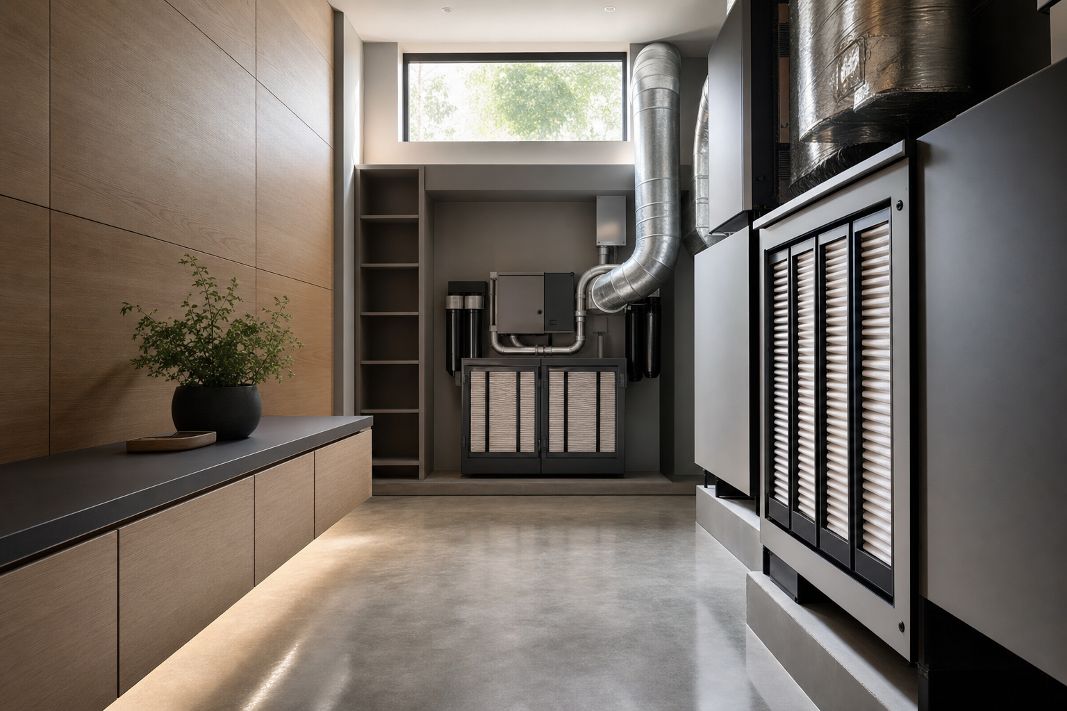 A precise architectural plant room in a luxury residence with whole-home air filtration equipment and visible high grade filters, soft daylight from above