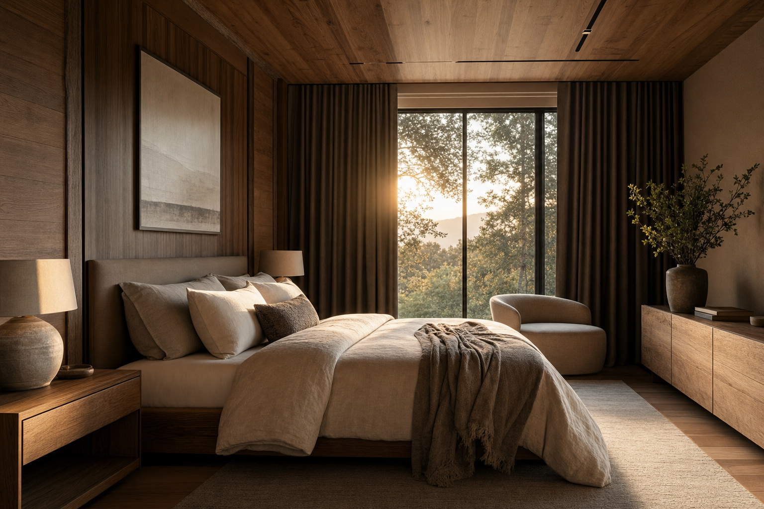 A complete luxury sleep sanctuary bedroom with layered natural materials, warm wood tones and soft linen bedding at dawn