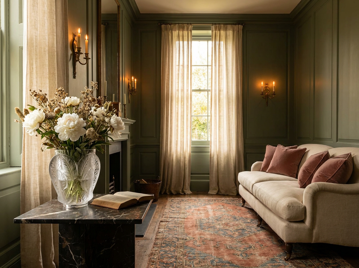 Ultra-luxury European atelier drawing room with deep sage green panelled walls, ivory linen sofa, prominent Lalique crystal vase with white peonies on dark marble side table, amber wall sconces — Five Senses longevity design by Beverly Hills Luxury Interiors