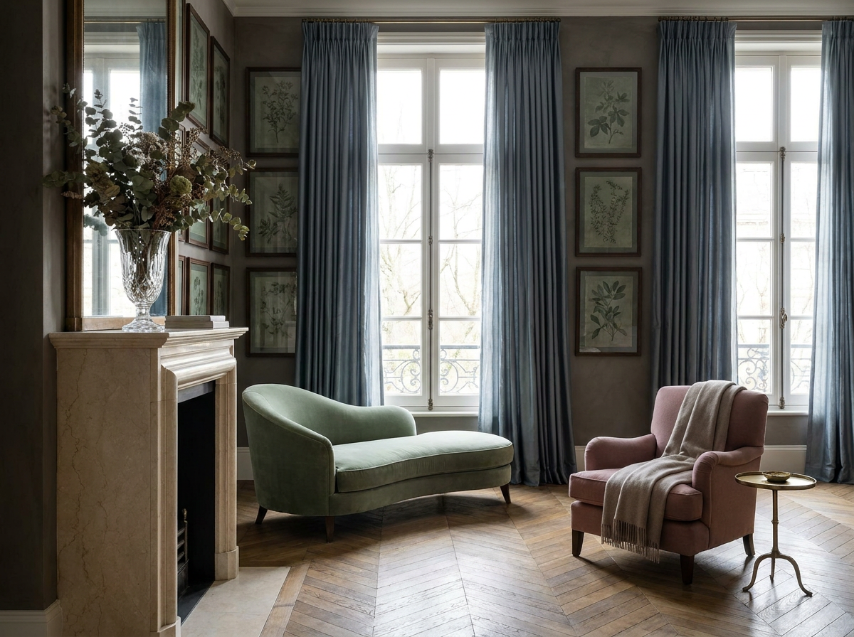 Ultra-luxury European atelier living room with sage velvet chaise longue, slate blue silk curtains, champagne marble fireplace and crystal decorative vase — Microplastics and Material Purity by Beverly Hills Luxury Interiors