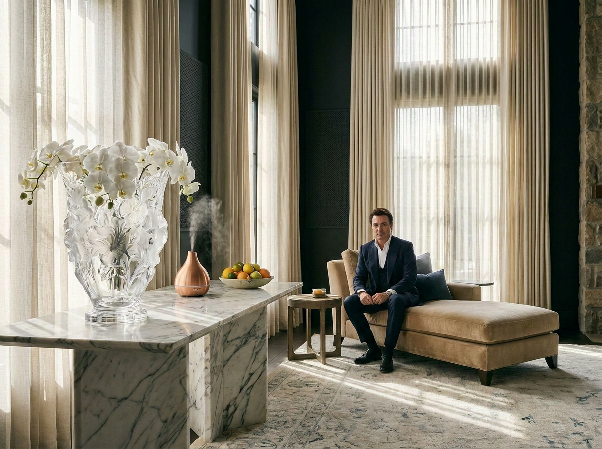 Ultra-luxury interior with prominent Lalique crystal vase — five senses longevity home design by Beverly Hills Luxury Interiors