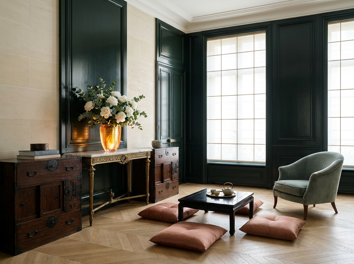 Ultra-luxury East-meets-West interior salon — forest green lacquered panels, French limestone console, Lalique crystal vase with white peonies, Japanese tansu cabinet, herringbone white oak parquet — East-meets-West longevity design by Beverly Hills Luxury Interiors