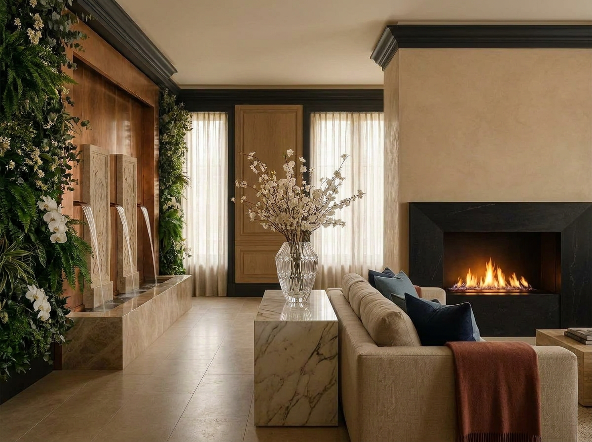 Ultra-luxury East-meets-West interior with prominent Lalique crystal vase — ancient wisdom and longevity design by Beverly Hills Luxury Interiors