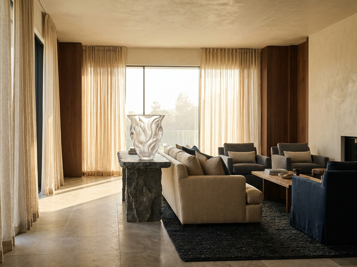 Ultra-luxury interior with Lalique crystal vase — material purity and biological sovereignty by Beverly Hills Luxury Interiors