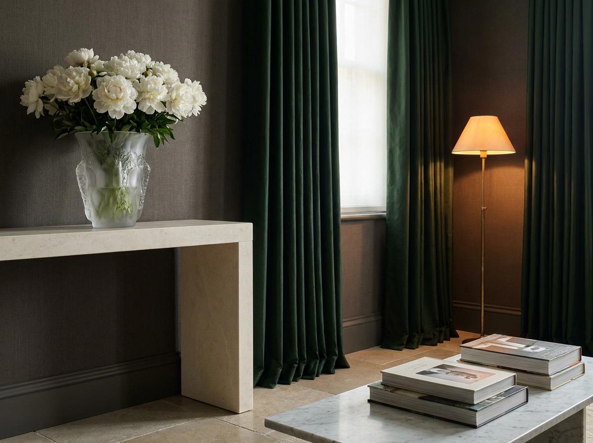 Ultra-luxury wellness room with prominent Lalique crystal vase of white peonies, deep forest green drapes and warm charcoal walls — Pharisas Longevity Home by Beverly Hills Luxury Interiors