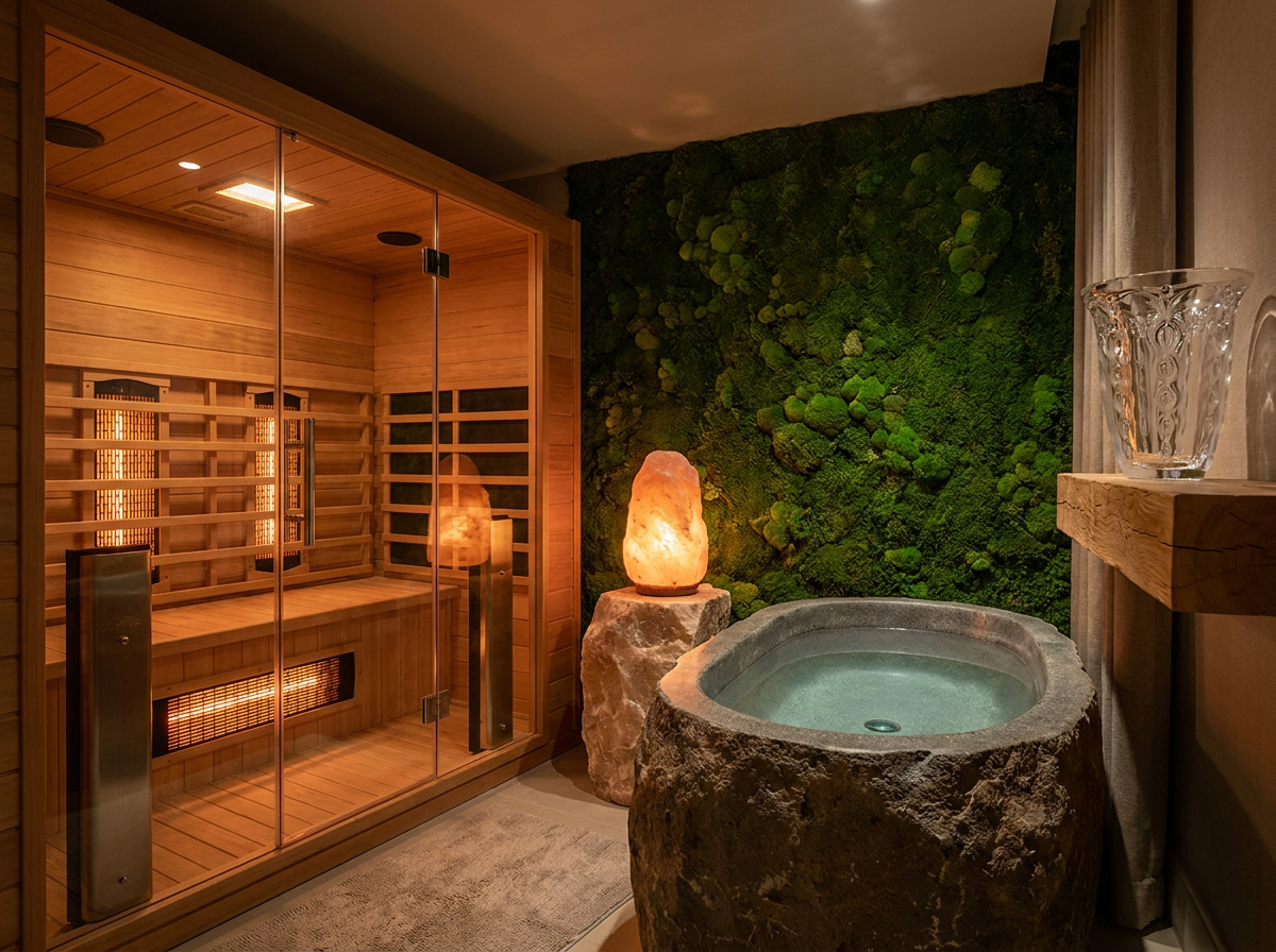 ÖND private infrared sauna recovery suite — hemlock wood, cold plunge stone tub, Himalayan salt lamp, living moss wall, Lalique crystal