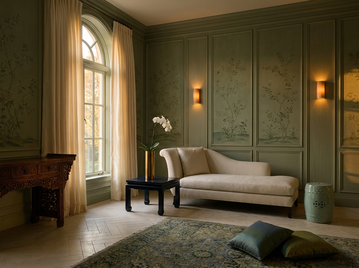 Ultra-luxury East-meets-West drawing room — sage-green Japanese shoji panels, carved Indian rosewood console, celadon porcelain garden stool, cream linen chaise longue, single white orchid stem in burnished brass vase, herringbone cream limestone floor — Quiet Luxury design by Beverly Hills Luxury Interiors