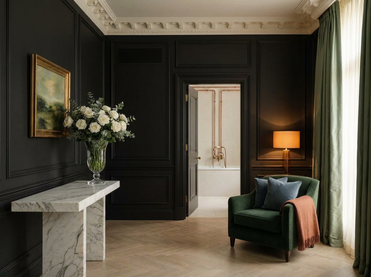 Ultra-luxury residential interior — near-black panelled walls, Calacatta marble console, crystal glass vase with white garden roses, sage green silk drapes, forest green velvet armchair, copper bathroom detail, HEPA grille in architectural joinery — Microplastic Elimination Protocol by Beverly Hills Luxury Interiors