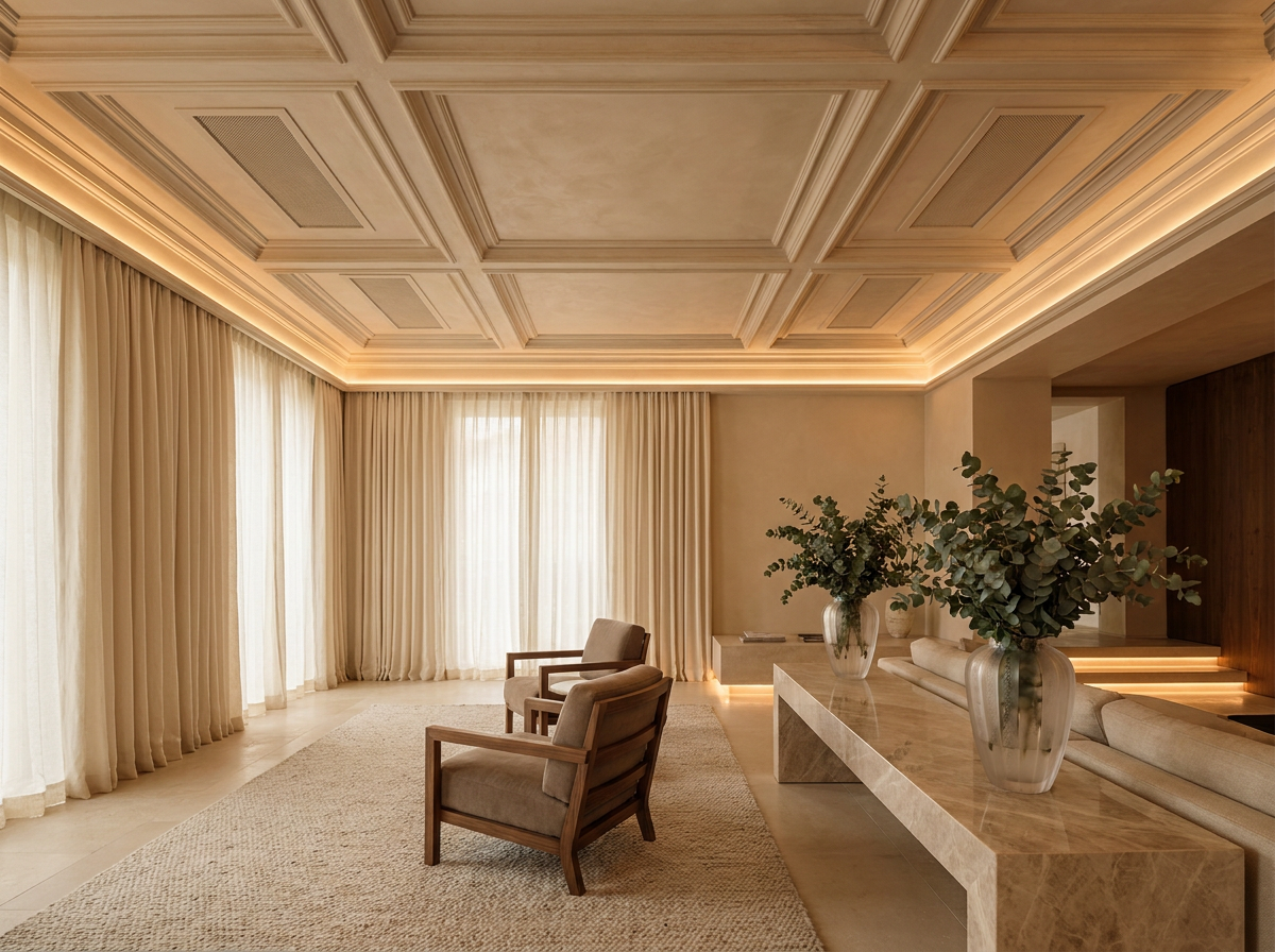 ÖND architectural whole-home HEPA air purification system — integrated ceiling, natural materials, Lalique vases, zero synthetic surfaces