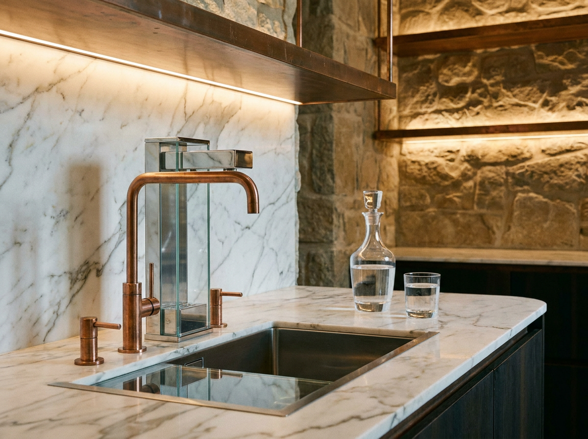 ÖND luxury hydrogen water station — integrated marble countertop, copper fixtures, Lalique crystal glass, zero plastic plumbing