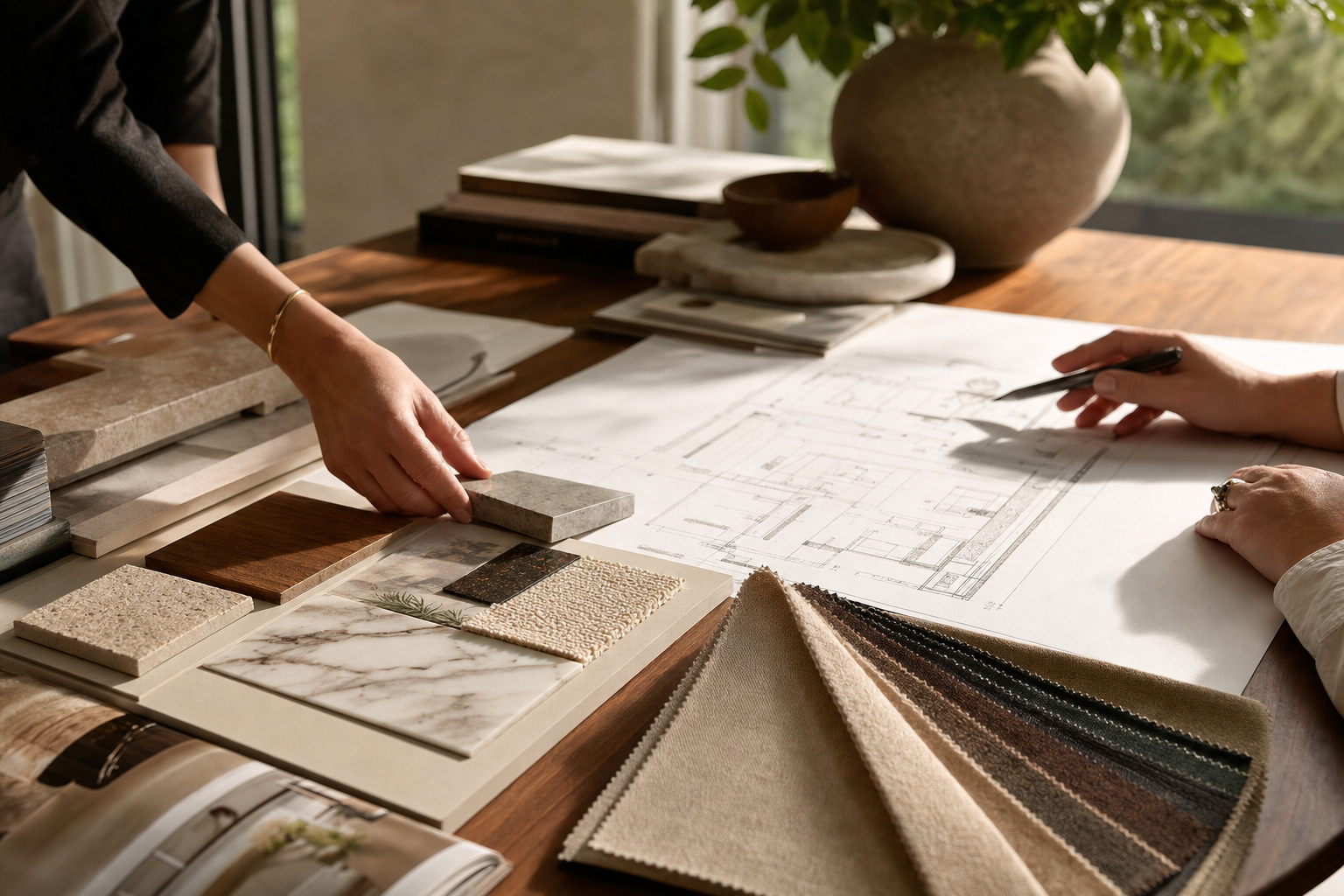An interior design consultation with architectural blueprints and natural material samples on a walnut table