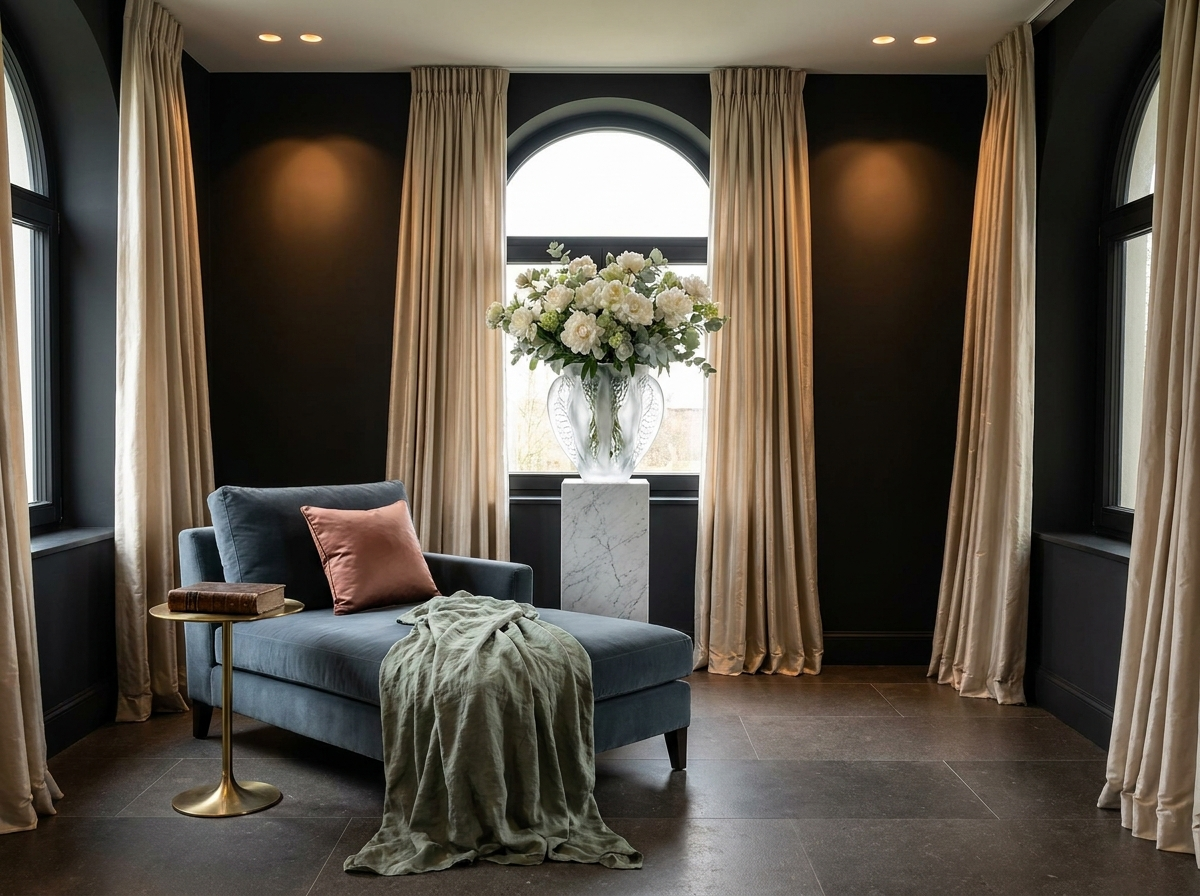 Ultra-luxury Quiet Luxury interior with near-black walls, Lalique crystal vase with white peonies, slate blue velvet chaise, champagne silk drapery — Quiet Luxury cognitive architecture by Beverly Hills Luxury Interiors