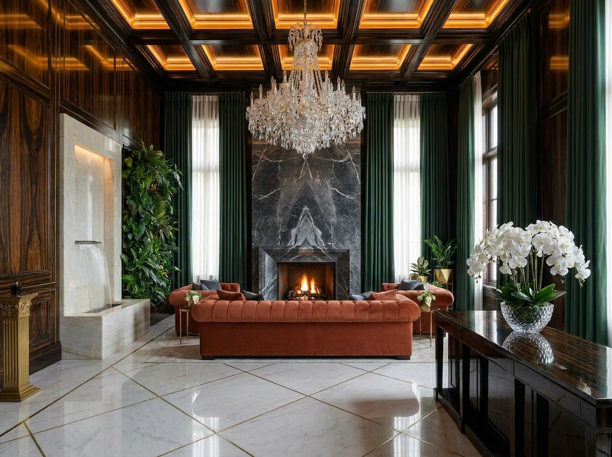 Grand fireplace drawing room with fumed oak lacquered panelling, terracotta silk velvet settee, integrated water feature, forest green silk drapery, rock-crystal chandelier — Beverly Hills Luxury Interiors Four Elements longevity design