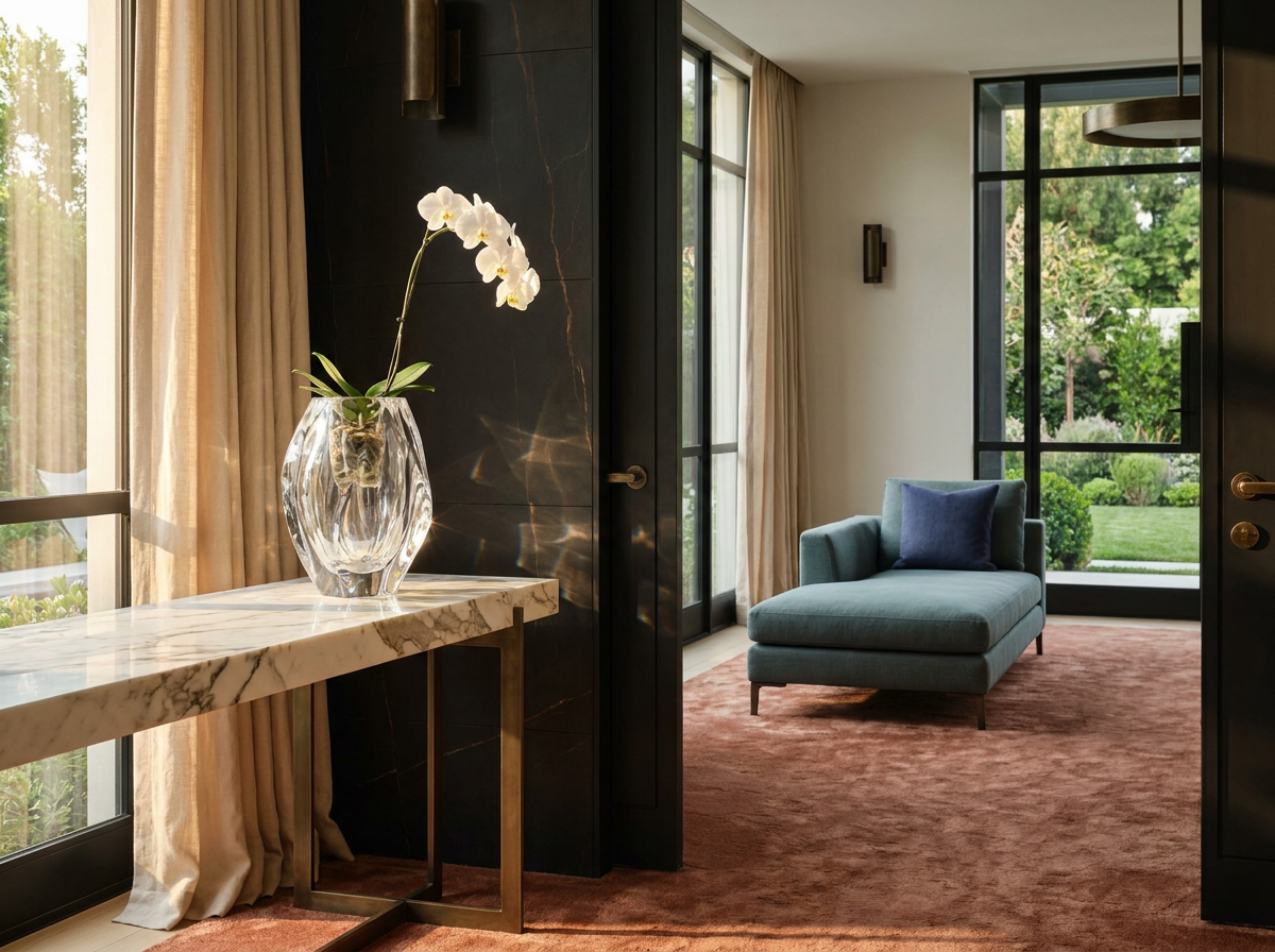 Ultra-luxury interior with prominent Lalique crystal vase — biohacking by design and longevity home by Beverly Hills Luxury Interiors