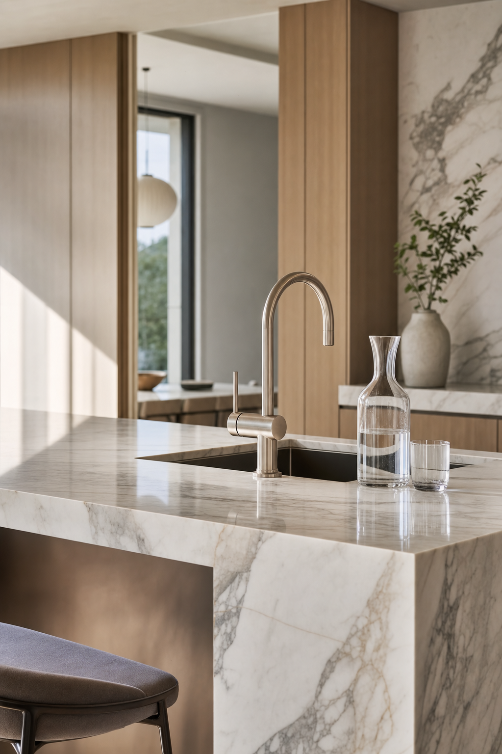 An elegant filtered water tap and glass carafe on a marble kitchen island in a luxury residence, soft natural light