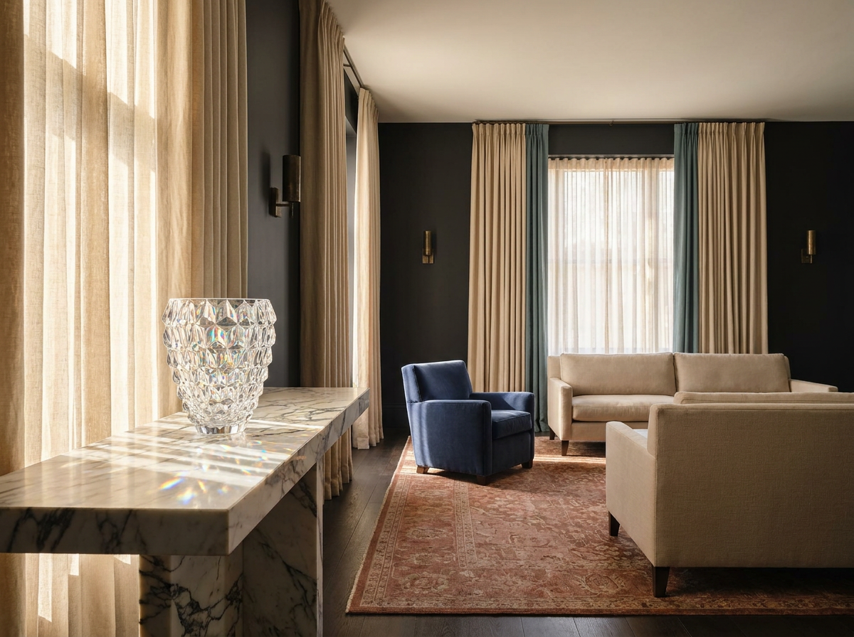 Ultra-luxury interior with prominent Lalique crystal vase — Pharisas blood filtration and longevity home design by Beverly Hills Luxury Interiors
