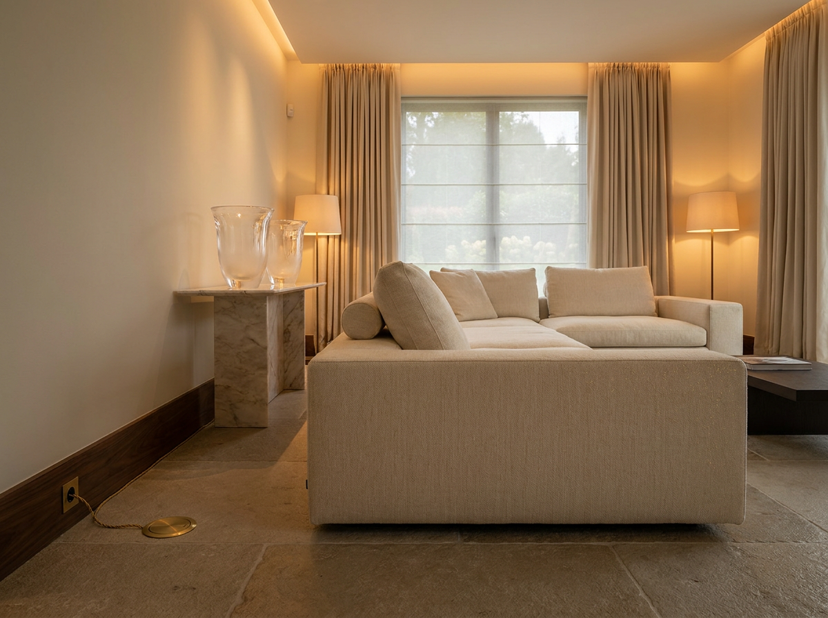 ÖND ultra-luxury grounded living room — cashmere sofa with gold grounding wire and floor socket, Lalique vases, natural walnut floors