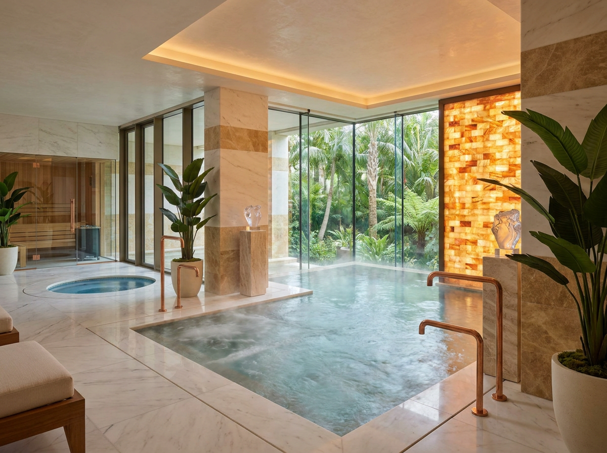 ÖND palatial wellness spa with infinity pool and Himalayan salt wall