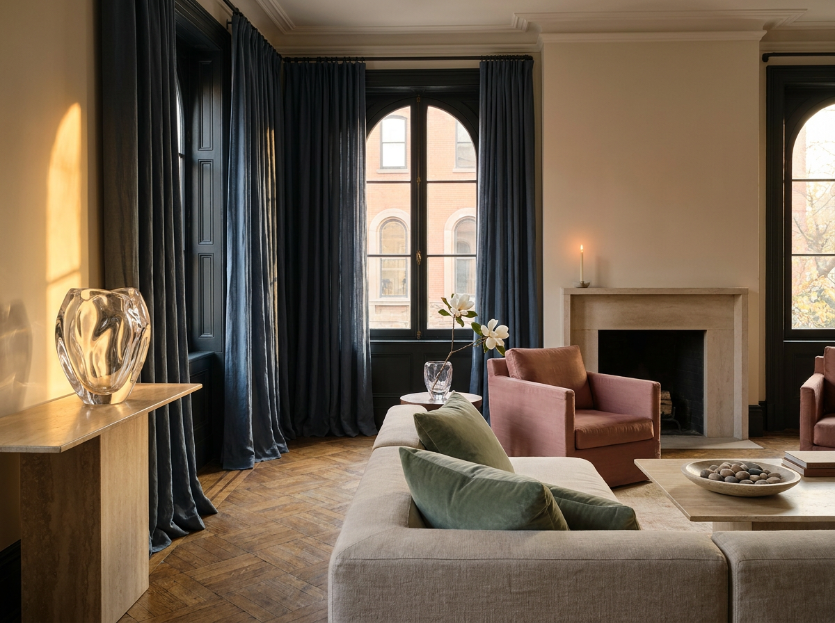 Ultra-luxury living room with crystal vase on stone plinth, slate blue drapes, amber candlelight and sage velvet — Four Elements Longevity Code by Beverly Hills Luxury Interiors