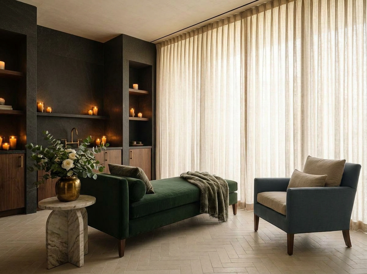 Ultra-luxury private wellness suite — deep forest green velvet daybed, slate blue armchair, charcoal stone walls, brass fixtures, serene recovery atmosphere — Four Elements Longevity Home design by Beverly Hills Luxury Interiors