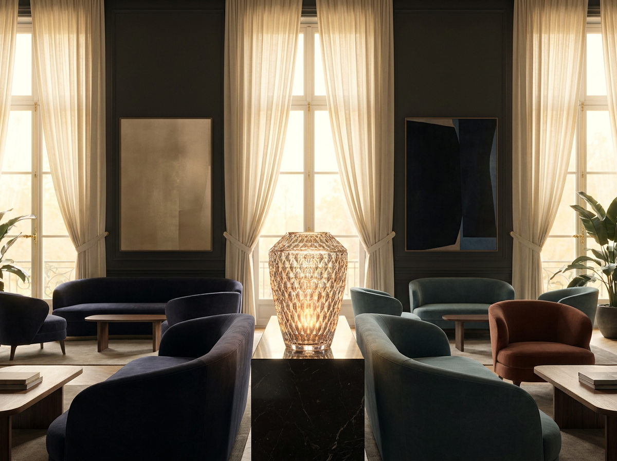 Ultra-luxury interior with prominent Lalique crystal vase — Pharisas precision longevity design by Beverly Hills Luxury Interiors