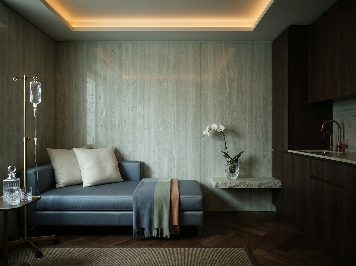 Ultra-luxury Pharisas recovery suite, slate blue silk daybed, grey-green travertine walls, dark walnut herringbone floor, crystal glass vessel with white orchid — Pharisas longevity home design by Beverly Hills Luxury Interiors
