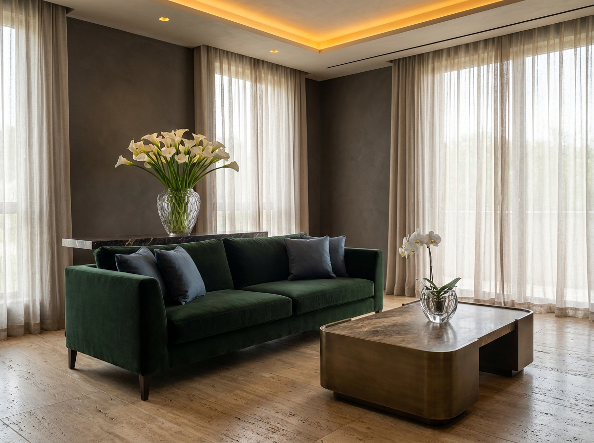 Ultra-luxury quiet luxury interior living room — deep forest green velvet sofa, travertine stone floors, prominent Lalique crystal vase with white calla lilies on marble console, warm charcoal plaster walls — Microplastic-Free design by Beverly Hills Luxury Interiors