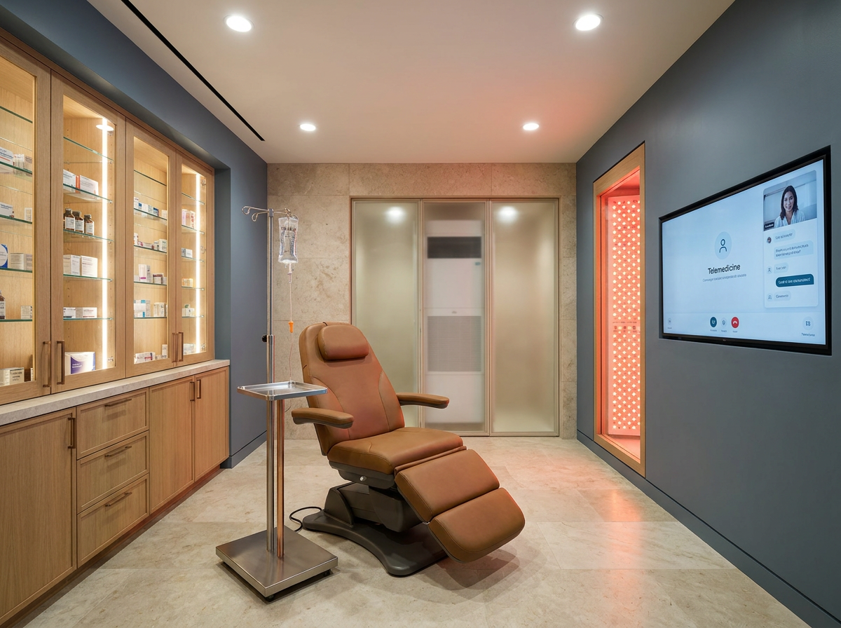 ÖND subterranean medical suite with IV therapy, pharmaceutical storage, and telemedicine